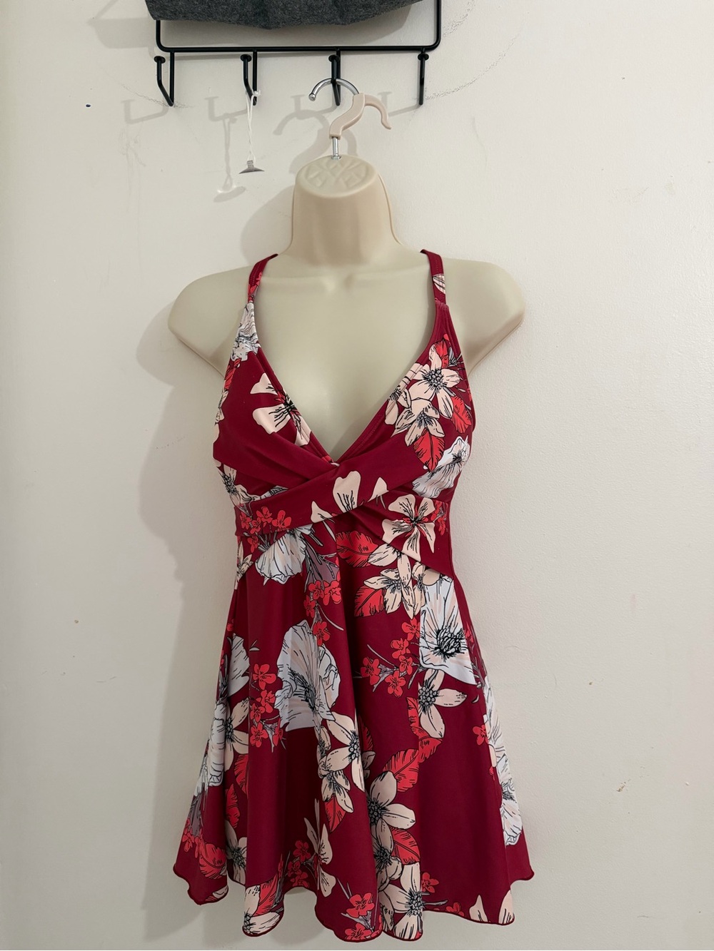 Red Floral V-Neck Swing Dress